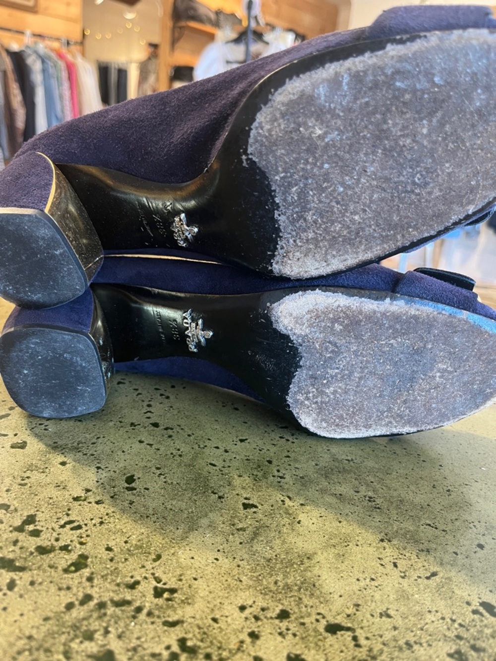 Prada Navy Suede Heels with Gold Buckle Accent - Picture 3 of 6